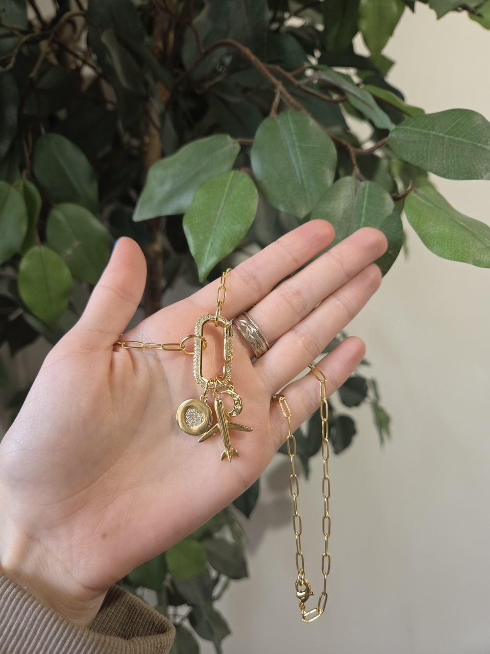 18k Gold Paperclip Pave Charm Necklace
